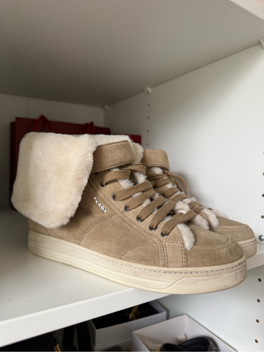 Prada Beige Suede Lace-Up Shearling-Trim Boots
